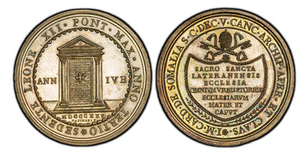 1085821 ITALIAN STATES. Papal States. Leo XII. (Pontiff, 1823-1829). 1825-III AR Medal. PCGS MS64.  By Pasinati. 45mm. 38.06gm. SEDENTE LEONE XII PONT MAX ANNO TERTIO. The Holy Door sealed; divides date ANN - IVB// MDCCCXXV in exergue / * I M CARD...