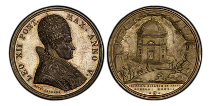 1085822 ITALIAN STATES. Papal States. Leo XII. (Pontiff, 1823-1829). 1828-V AR Medal. PCGS SP64.  By Giuseppe Cerbara. 42.6mm. 33.43gm. LEO XII PONT – MAX ANNO V. Bust wearing Papal tiara and robes; right / DEIPARAE DICATVM IN ANTRO GINGVNI MONTIS...
