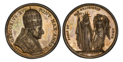 1085824 ITALIAN STATES. Papal States. Gregory XVI. (Pontiff, 1831-1846). 1833-III AR Medal. PCGS SP63.  By Giuseppe Girometti. 43mm. 33.71gm. GREGORIVS XVI – PONT MAX ANNO III. Bust wearing Papal tiara and robes, right; signed below truncation / P...