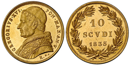 1087268 ITALIAN STATES. Papal States. Gregory XVI. 1835-V-R AV 10 Scudi. NGC MS63PL (Prooflike).  Rome. GREGORIVS.XVI... Bust left / Value and date within wreath. KM 1108.

Currently the finest known at NGC as of April 2026

Please use this link t...