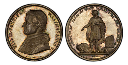 1085825 ITALIAN STATES. Papal States. Pius IX. (Pontiff, 1846-1878). 1850-V AR Medal. PCGS MS63.  By Giuseppe Girometti. 43mm. 35.07gm. PIVS IX PONTIFEX MAXIMVS ANNO V. Bust, left; signed below truncation / DIRVPTVS EST DRACO ET DIXIT DANIEL ECCE ...