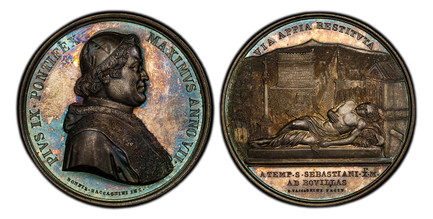 1085826 ITALIAN STATES. Papal States. Pius IX. (Pontiff, 1849-1878). 1852-VII AR Medal. PCGS SP64.  By Bonfil Zaccagnini. 43.5mm. 33.33gm. PIVS IX PONTIFEX MAXIMVS ANNO VII. Bust, right; signed below truncation / VIA APPIA RESTITVTA// A TEMP S SEB...