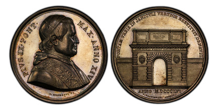 1085827 ITALIAN STATES. Papal States. Pius IX. (Pontiff, 1846-1878). "1856" (1859) AR Medal. PCGS MS63.  By Giuseppe Girometti. 45mm. 35.17gm. PIVS IX PONT – MAX ANNO XIV. Bust, right; signed below truncation / PORTAM VRBIS IN JANICVLI VERTICE RES...