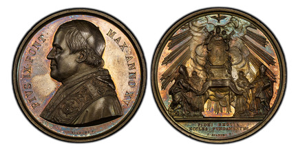 1085828 ITALIAN STATES. Papal States. Pius IX. (Pontiff, 1846-1878). 1860-XV AR Medal. PCGS MS63.  By Ignazio Bianchi. 43.34mm. 34.03gm. PIVS IX PONT MAX ANNO XV. Bust, left; signed below truncation / FIDEI REGVLA ECCL FVNDAMENTVM. Dove of the Hol...