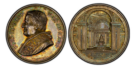 1085829 ITALIAN STATES. Papal States. Pius IX. (Pontiff, 1846-1878). 1871//XXVII AR Medal. PCGS SP62.  By G. Bianchi. 43.68mm. 34.00gm. PIVS IX PONT MAX AN XXVII. Bust, left signed below truncation / SACELLVM XYSTIN IN BASIL LIB OPERIB RENOVATIS E...