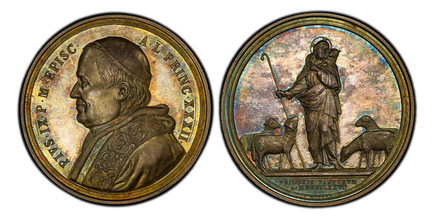 1085831 ITALIAN STATES. Papal States. Pius IX. (Pontiff, 1846-1878). 1877//XXXII AR Medal. PCGS MS64.  By F. Bianchi. 43.82mm. 34.94gm. PIVS IX P M EPISC • A L PRINC XXXII. Bust, left / PRINCEPS PASTORVM A MDCCCLXXVII. Jesus as a shepherd. Bartolo...