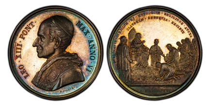 1085832 ITALIAN STATES. Papal States. Leo XIII. (Pontiff, 1878-1903). 1881 AR Medal. PCGS SP64.  By F. Bianchi. 43.77mm. 35.68gm. LEO XIII PONT MAX ANNO VI. Bust, left; signature below truncation / PVBLICA IN CYRLLVM ET METHODIVM RELIGIONE AVCTA S...