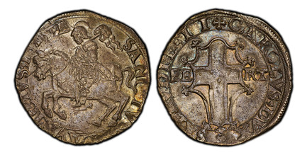 1085799 ITALIAN STATES. Savoy. Carlo II. (1504-53) AR 8 Grossi. PCGS MS62.  Torino. 29.87mm. 8.04gm. + CAROLVS DVX SABAVDIE II. Ornately-shaped shield of Savoy arms divides FE - RT /  SANCTVS MAVRICIVS T B B. St. Maurice on horseback to left. MB 1...