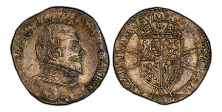 1085800 ITALIAN STATES. Savoy. Emanuele Filiberto. 1579 IM AR Testone. PCGS MS62.  Chambéry. 28.96mm. 9.40gm. E. PHILIBERTVS. DVX. SABAVDIE. Armored bust to right breaks legend at bottom / AVXILIVM. MEVM. A. DOMINO. Crowned shield of 4-fold arms, ...