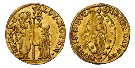 1087245 ITALIAN STATES. Venice. Alvise Mocenigo IV. (1763-78) AV Zecchino. NGC MS62.  3.42gm. ALOY. MOCEN. - S. M. VENET. St. Mark standing at left presenting staff with cross and DVX vertically at top to doge kneeling at right / SIT. T. XPE. DAT....
