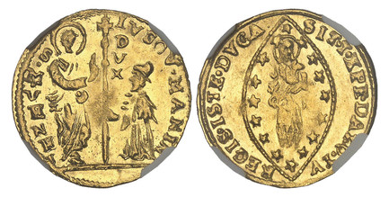 1087538 ITALIAN STATES. Venice. Lodovico Manin. (Doge, 1789-1797). (1789-97) AV Zecchino. NGC MS65.  3.50gm. LVDO(V)(I). MANIN. - S. M. VENET. St. Mark standing at left presenting staff with cross and DVX vertically at top to doge kneeling at righ...