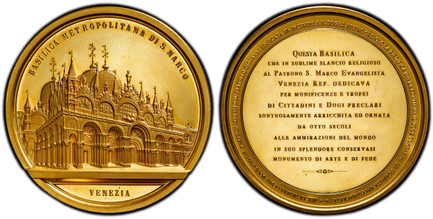 1085696 ITALY. Umberto I. 1895 Gilt AE Medal. PCGS SP64.  By G. Del Soldato. 82.5mm. 272.01gm. BASILICA METROPOLITANA DI S MARCO// VENEZIA. Facade of the basilica / NEL 828 ORDINATA DAL DOGE GIUSTINO PARTECIPAZIO 829 DAL FRATELLO GIOVANNI EDIFICAT...