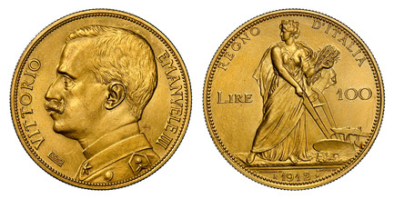 1087289 ITALY. Vittorio Emanuele III. (King, 1900-1946) . 1912-R AV 100 Lire. NGC MS63.  By Egidio Boninsegna (M. L. Giorgi Inc.). Rome. Edge: Reeded. VITTORIO EMANUELE III . Bust left / REGNO D'ITALIA/ LIRE 100. Female with plow. KM 50; Fr.-26; P...