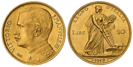 1087290 ITALY. Vittorio Emanuele III. (Emperor, 1900-1943). 1912-R AV 10 Lire. NGC MS64+.  Rome. Bust of Vittorio Emanuele III facing left / Italia plowing right dividing value. KM 47; Fr.-29; MIR 1131b (R3); Pagani 688.

Please use this link to v...