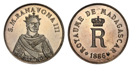 1087426 MADAGASCAR. Ranavona III. 1886 AR 5 Francs. NGC MS63.  26.14gm. S.M.RANAVONA III. Crowned half-length bust facing  forward / ROYAUME DE MADAGASCAR • (date) •. Crowned monogram R. KM X-M1 (Prev. KM Y- 152); Lecompte 24; Dav.-515.

Fantasy I...