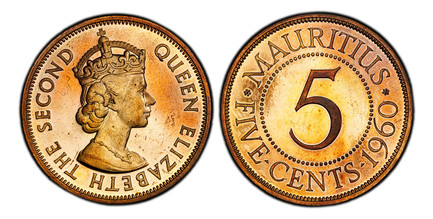 1086797 MAURITIUS. Elizabeth II. 1960 AE VIP Proof 5 Cents. PCGS PR64BRB (Red-Brown).  By Cecil Thomas (Obv.). Crowned head right / Value within beaded circle. KM 34. Proof.

Please use this link to verify the PCGS certification number <a href="ht...