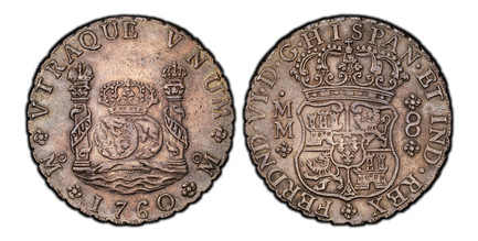 1086729 MEXICO. Ferdinand VI. 1760-Mo MM AR 8 Reales. PCGS AU53.  Mexico City. FERDND · VI · D · G · HISPAN · ET  IND · REX. Crowned shield flanked by M M 8 / ...VNUM M. Imperial crown on left pillar. KM 104.2; Calico 497; Yonaka-M8-60.
Ex Jascha ...