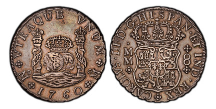 1086730 MEXICO. Charles III. 1760-Mo MM AR 8 Reales. PCGS AU50.  Mexico City. CAROLUS · III · D · G · HISPAN · ET  IND · REX. Crowned shield flanked by M M 8 / ...E VNUM M. Crowned globes flanked by crowned pillars with banner, date below. KM 105....