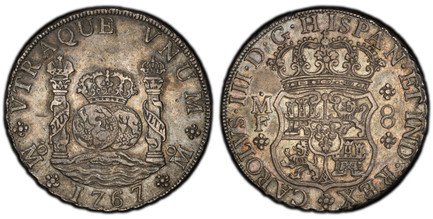 1086731 MEXICO. Charles III. 1767-Mo MF AR 8 Reales. PCGS AU50.  Mexico City. CAROLUS · III · D · G · HISPAN · ET  IND · REX. Crowned shield flanked by M M 8 / ...E VNUM M. Crowned globes flanked by crowned pillars with banner, date below. KM 105;...