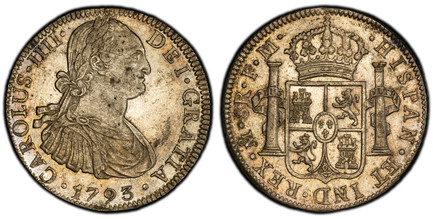 1085997 MEXICO. Charles IV. 1793-Mo FM AR 8 Reales. PCGS AU58.  Mexico City. 39.9mm. 26.94gm. CAROLUS · IIII · DEI · GRATIA ·. Armored  bust of Charles IIII, right / · HISPAN · ET IND · REX · ... Crowned shield flanked by pillars with banner. KM 1...