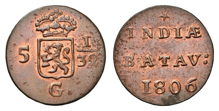 1085765 NETHERLANDS EAST INDIES. Holland. Batavian Republic. 1806-(star) CU 1/2 Duit. NGC MS63RB (Red-Brown).  Dordrecht. Edge: Plain. 17.5mm. INDIAE / BATAV:. Inscription, date below / Crowned States General arms divide value 5 - 1/32, G. below. ...