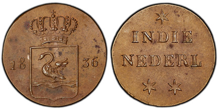 1085768 NETHERLANDS EAST INDIES. Sumatra, Island Of. William I. (King, 1815-1840). 1836 CU Pattern Duit. PCGS SP62BN (Brown).  Utrecht. 2.87gm. Crowned shield with swan, left divides date / INDIE/ NEDERL. A single star above two-line inscription w...