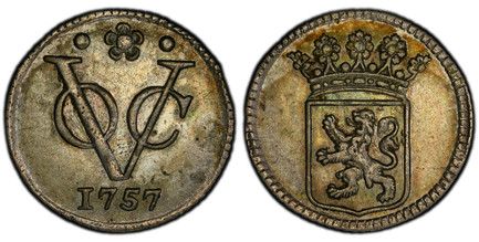 1081086 NETHERLANDS EAST INDIES. 1757 AR 1/2 Duit. PCGS Genuine - AU Details Tooled.  Crowned Utrecht arms with flat shield top / VOC monogram, date below. KM 112.1a; CNO 12.3.

Special presentation strikes produced by the mintmaster on demand.

P...