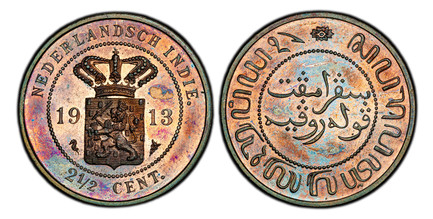1085121 NETHERLANDS EAST INDIES. Wilhelmina I. (Queen, 1890-1948). 1913-(seahorse/caduceus) Dr. C. Hoitsema (Mintmaster) CU 2-1/2 Cents. PCGS PR64RB (Red-Brown).  Utrecht. Edge: Plain. 12.77gm. NEDERLANDSCH INDIE. Crowned Dutch arms divide date / ...