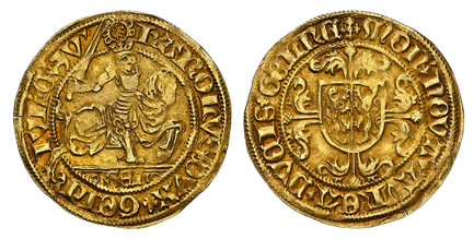 1085774 NETHERLANDS. Gelderland. Charles II,  Karel van Egmond. (Duke of Guelders, 1492-1538). (1492-1538) ND AV Cavalier d'Or (Rijdergoudgulden). NGC AU55.  3.26gm. KAROLVS * DVX * GELR - IVL' * C * ZV' *// * GEL *. The Duke holding a sword on ho...