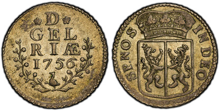 1085775 NETHERLANDS. Gelderland. 1756 (Crane) AR Duit. PCGS SP62.  3.75gm. Crowned arms of Gelderland / *D* GEL RIÆ. Inscription, date in sprigs,. KM 88a; PW 1015.2; CNM 2.17.193.

Please use this link to verify the PCGS certification number <a hr...