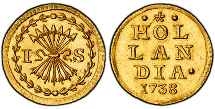 1085780 NETHERLANDS. Holland. 1738 AV Off-Metal Stuiver, Broom of 1/2 Ducat Weight. PCGS MS62.  1.74gm. Bundle of arrows divides value within wreath / HOL/LAN/DIA ·. Inscription above date. KM 91a; Delmonte 820; CNM 2.28.121.

Off-Metal strike in ...