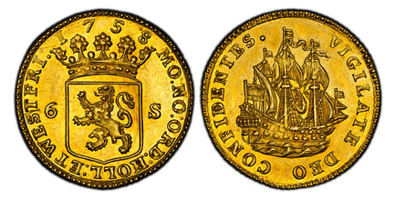 1085781 NETHERLANDS. Holland. 1758 AV Off-Metal 6 Stuivers, Scheepjesschelling of 2 Ducats Weight. PCGS SP62.  Edge: Reeded. 6.93gm. MO: NO: ORD: HOLL: ET WESTFRI:. Crowned arms of Holland divides value, date above / VIGILATE DEO CONFIDENTES ·. Sa...