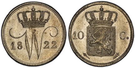 1085743 NETHERLANDS. William I. 1822-(Torch) AR 10 Cents. PCGS MS63.  Ultrecht. Edge: Plain. Crowned W divides date / Crowned arms divides value. KM 53; Sch.-304.

Please use this link to verify the PCGS certification number <a href="http://www.pc...