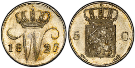 1085742 NETHERLANDS. William I. 1827-(Torch) AR 5 Cents. PCGS MS65.  Ultrecht. Edge: Plain. Crowned W divides date / Crowned arms divides value. KM 52; Sch.-317.

Please use this link to verify the PCGS certification number <a href="http://www.pcg...