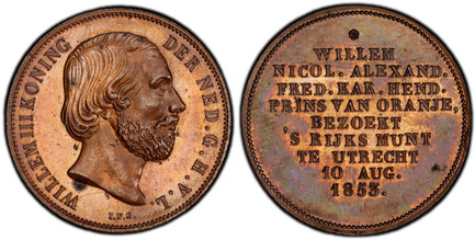 1085752 NETHERLANDS. William III. (King, 1849-1890). 1853 Bronze Medal (Gulden). PCGS SP63BN (Brown).  Edge: Plain. 28mm. 7.33gm. Bust, right / Nine-line inscription below rosette. Sch.-621b; Scheffers 7.

Struck to commemorate the visit of crown ...