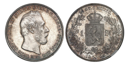 1087541 NORWAY. 1865 AR Specie Daler. NGC MS65+.  38mm. 28.89gm. ...CARL XV NORGES... Head right / Crowned arms divide value within wreath, crossed hammers divides date below. KM 325.

Please use this link to verify the NGC certification number <a...