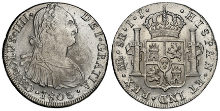1086736 PERU. Charles IV. 1803-LIMAE IJ AR 8 Reales. NGC MS63.  Lima. CAROLUS · IIII · DEI · GRATIA ·. Bust of Charles IIII, right / ...HISPAN · ET IND · REX. Crowned arms, pillars. KM 97; Calico 922.

Mint mark in monogram.

Please use this link ...