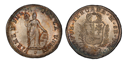 1087331 PERU. 1826- LIMA JM AR 8 Reales. PCGS MS65.  Lima. REPUB. PERUANA... Medium wreath above arms within sprigs, date below / FIRME Y FELIZ... Small figure of Liberty. KM 142.1.

Currently the finest known at PCGS as of May 2026
Heritage World...