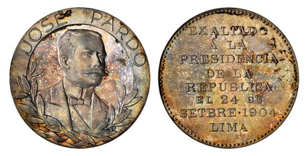 1087309 PERU. Jose Pardo. (President, 1904–1908 and 1915–1919). 1904-Dated AR Inauguration Medal. NGC MS64.  34mm. JOSE PARDO. Bust, right; branches below / EXALTADO/ A LA/ PRESIDENCIA/ DE LA/ REPUBLICA/ EL 24 DE/ SETBRE 1904/ LIMA. Eight-line ins...