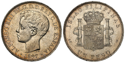 1086085 PHILIPPINES. 1897 SGV AR Peso. NGC MS61.  Manila. Young head left / Crowned arms, pillars. KM 154; Calico 122.

Please use this link to verify the NGC certification number <a href="https://www.ngccoin.com/certlookup/8238771-013/61/">823877...