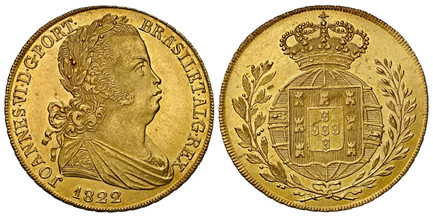1087269 PORTUGAL. Joao VI. 1822 AV Peca, 6400 Reis. NGC MS64.  Lisbon. JOANNES · VI D · G · PORT... Laureate bust right / Crowned arms on globe within wreath. KM 364.

Please use this link to verify the NGC certification number <a href="https://ww...