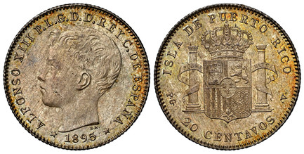 1086737 PUERTO RICO. Alfonso XIII. 1895 PGV AR 20 Centavos. NGC MS64.  Madrid mint. Young head left / Crowned arms, pillars. KM 22; Calico 126.

Please use this link to verify the NGC certification number <a href="https://www.ngccoin.com/certlooku...