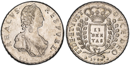 1085996 RAGUSA. 1794 AR 2 Ducati. PCGS AU55.  41.7mm. 28.85gm. • RESPVBL • – RHACVS •. Bust of Maria Theresa, right; C.A. below / • DVCE • DEO • FIDE • ET • IVST// C. 1794 A. Crowned shield within sprigs. KM 21; Dav.-1641; Mimica 987; CNI 400.
Inc...