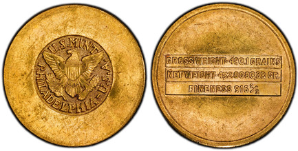1086356 SAUDI ARABIA. United Kingdoms. (1945-46) AV 4 Pounds. PCGS MS62.  Philadelphia mint. U.S. MINT PHILADELPHIA U.S.A. Eagle with wings open / GROSS WEIGHT 493.1 GRAINS/ NET WEIGHT 452.008333 GR./ FINENESS 916 2/3. Three lined inscription with...
