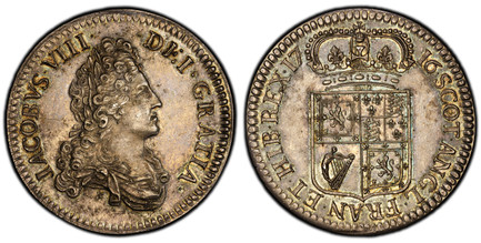 1086625 SCOTLAND. James VIII the Pretender. (Jacobite claimant of Scottish throne, 1701-66). "1716" (1828) AR Restrike Crown. PCGS MS61.  By Norbet Roettiers. IACOBVS VIII - DEL · GRATIA. Laureate bust right / SCOT · ANGL · FRAN · ET · HIB · REX. ...