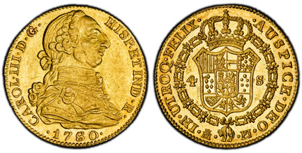 1086725 SPAIN. Charles III. 1780/79-(Crowned M) PJ AV 4 Escudos. PCGS AU58.  Madrid. 13.51gm. CAROL · III · D · G · HISP · ET IND · R ·. Bust right / Crowned arms in collar of The Golden Fleece. KM 418.1; Calico 304.

Please use this link to verif...