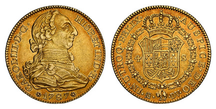 1086885 SPAIN. Charles III. (King, 1759 - 1788). 1787-(Crowned M) DV AV 4 Escudos. NGC AU55.  Madrid. 29mm. CAROL · III · D · G · HISP · ET IND · R ·. Bust of Charles III right / IN · UTROQ · FELIX · AUSPICE · DEO ·. Crowned arms in collar of The ...