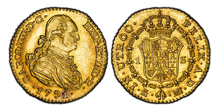 1086726 SPAIN. Charles IV. 1791-(Crowned M) MF AV Escudo. PCGS MS61.  Madrid. CAROL ·  IIII · D · G · HISP · ETIND · R ·. Bust right / FELIX · A · D · ... Crowned arms in order chain. KM 434; Fr.-298; Calico 1108.

Please use this link to verify t...