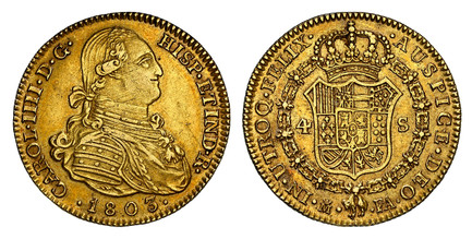 1086886 SPAIN. Charles IV. (King, 1788 - 1808). 1803-(Crowned M) FA AV 4 Escudos. NGC AU53.  Madrid. 29mm. CAROL · IIII · D · G · HISP · ET IND · R ·. Bust right / IN · UTROQ · FELIX · AUSPICE · DEO ·. Crowned arms in order chain. KM 436.1; Calico...
