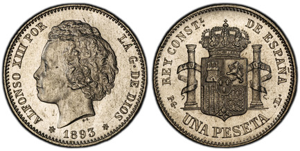 1086163 SPAIN. Alfonso XIII. 1893 (93)-(6-point star) PG-L AR Peseta. PCGS MS63.  Madrid. ALFONSO XIII POR... Child's head left / REY CONST... Crowned arms, pillars, value below. KM 702; C.-C.15995.

Third Decimal Coinage.

Please use this link to...